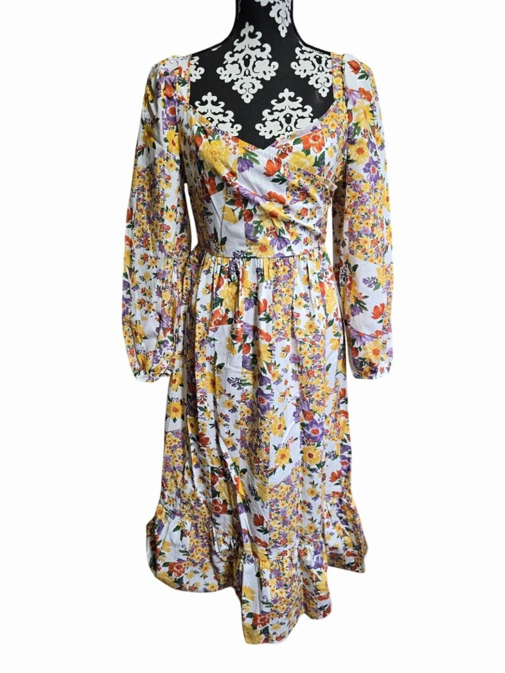 Miss Selfridge 8 Floral 100% Cotton Midi Dress Puff Sleeve Open Back Cottagecore
